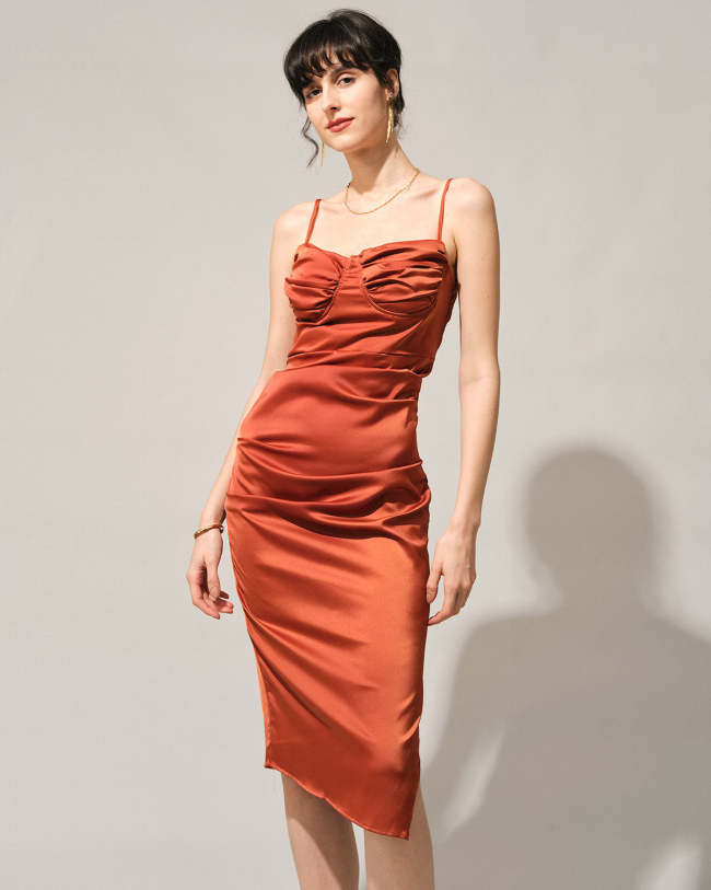 The Caramel Sweetheart Neck Ruched Slip Midi Dress