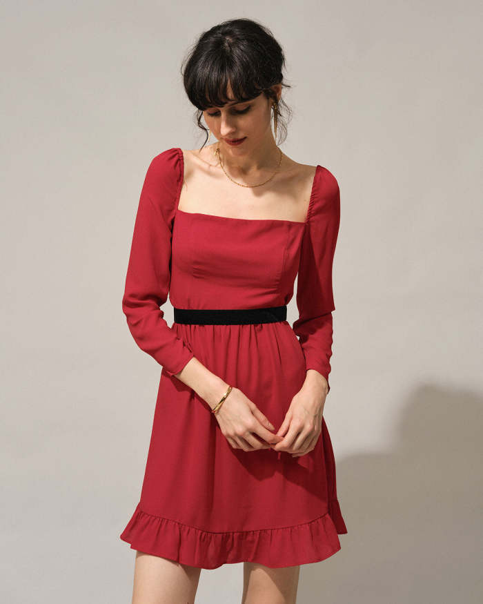 The Red Square Neck Flounce Long Sleeve Mini Dress