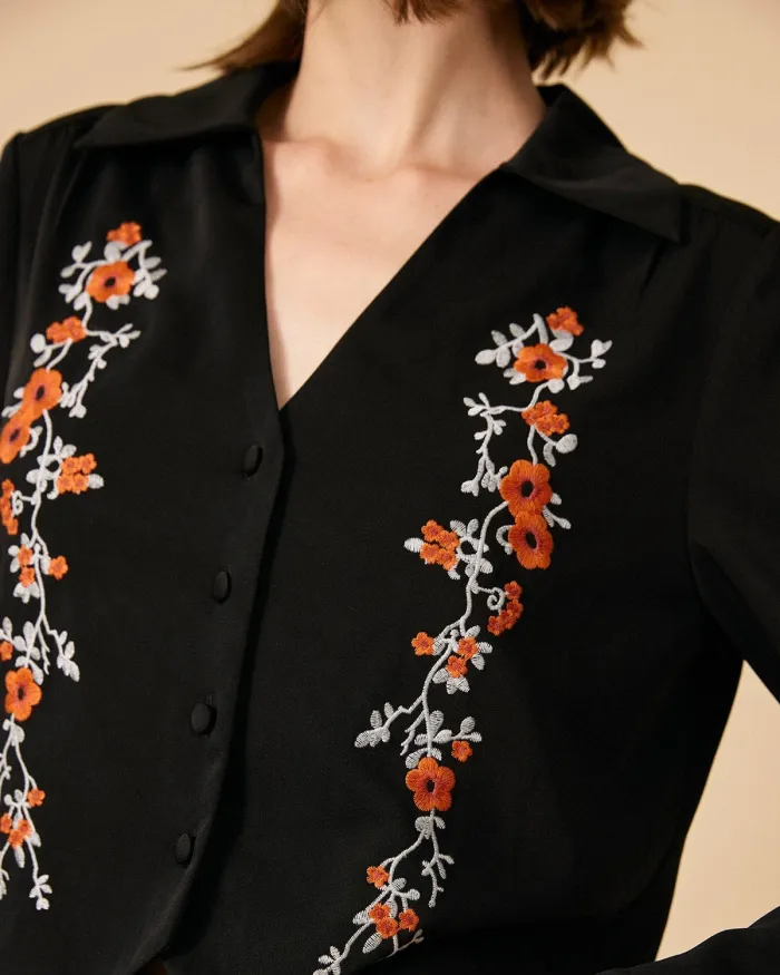 The Black Collared Floral Embroidery Blouse