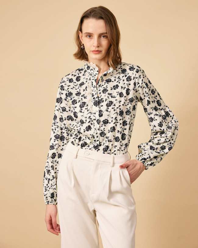 The Mock Neck Lace Trim Floral Blouse