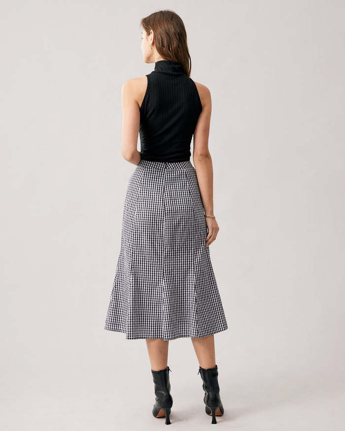The Black High Waisted Plaid Slit Midi Skirt