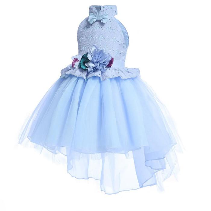 Girls Light Blue Lace Flower Peplum Tiers Tulle Party Gown Dress