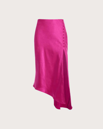 The Solid High Waisted Asymmetrical Hem Midi Skirt