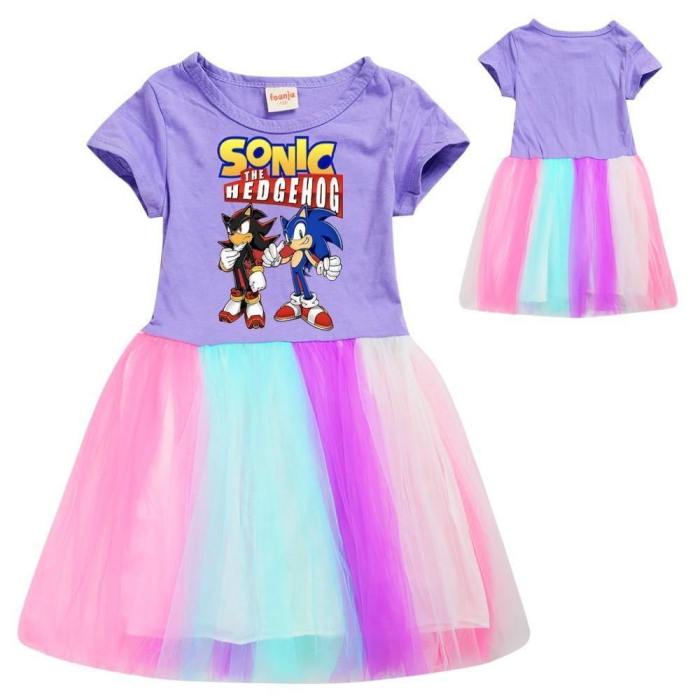 3-9 Years Girls Pink Sonic The Hedgehog Cotton Top Rainbow Tulle Dress