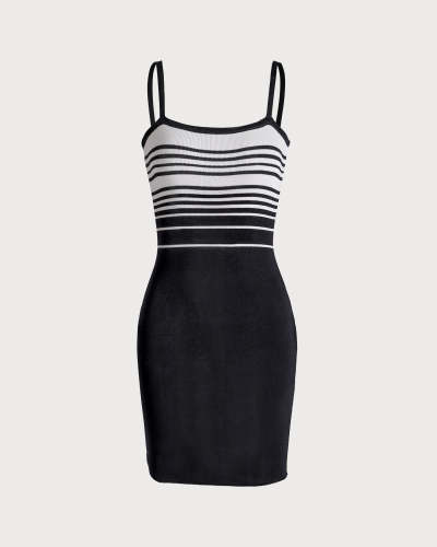 The Black Striped Knit Sling Mini Dress