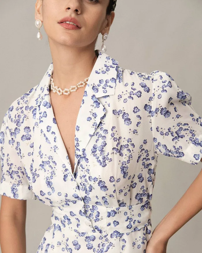 The Lapel Floral Puff Sleeve Mini Dress