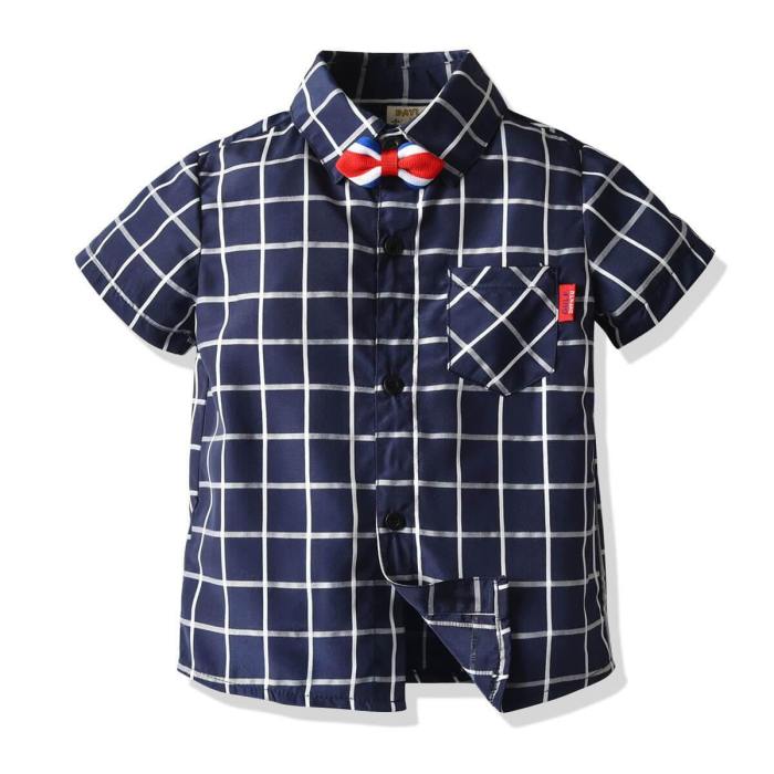 Baby Boys Blue Plaid Shirt With Bowtie Red Suspender Shorts Suits