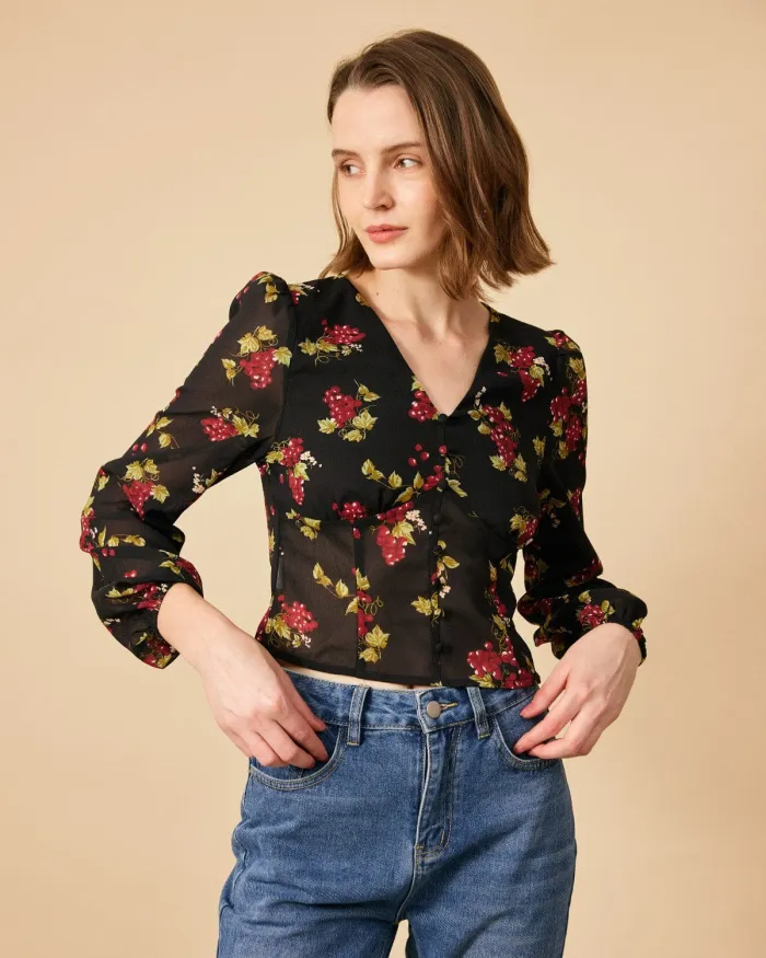 The V Neck See-Through Sleeve Floral Blouse