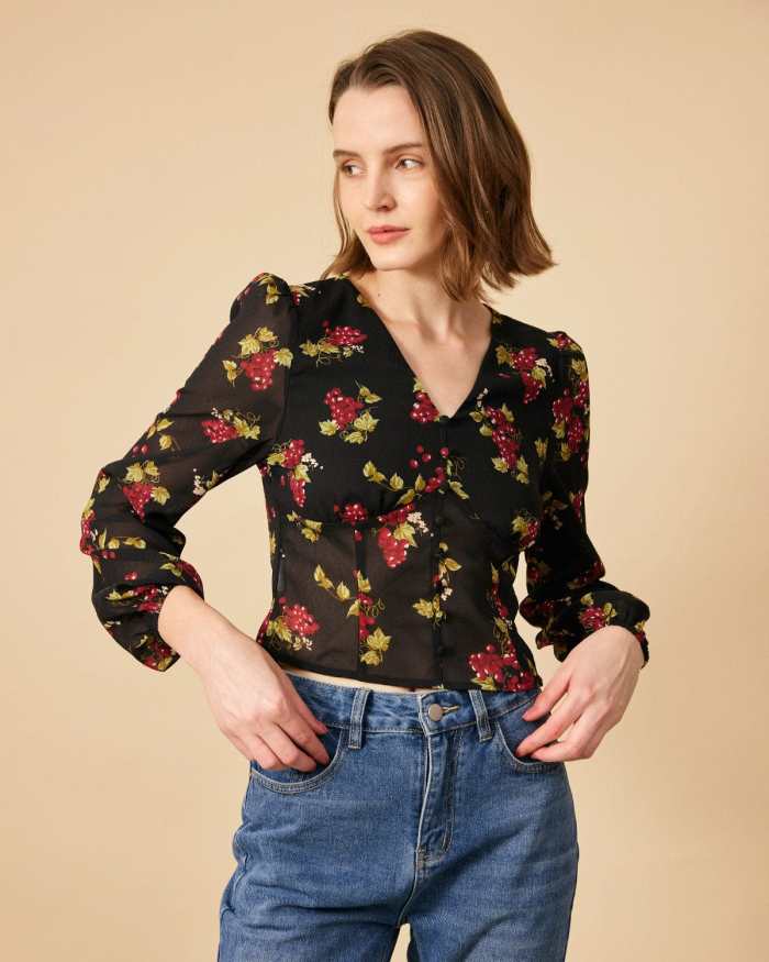 The V Neck See-Through Sleeve Floral Blouse