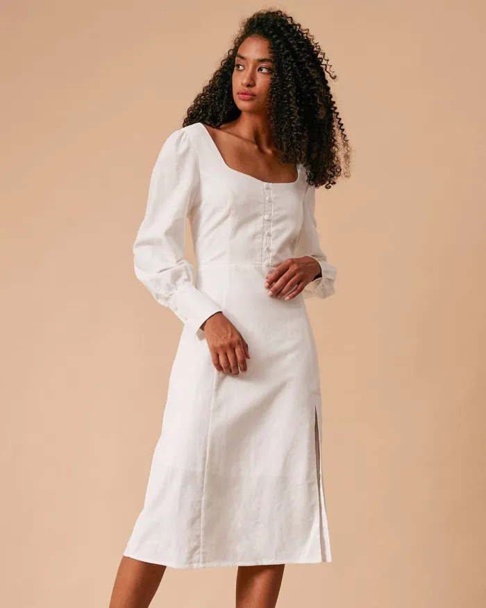 The White Solid Slit Long Sleeve Midi Dress