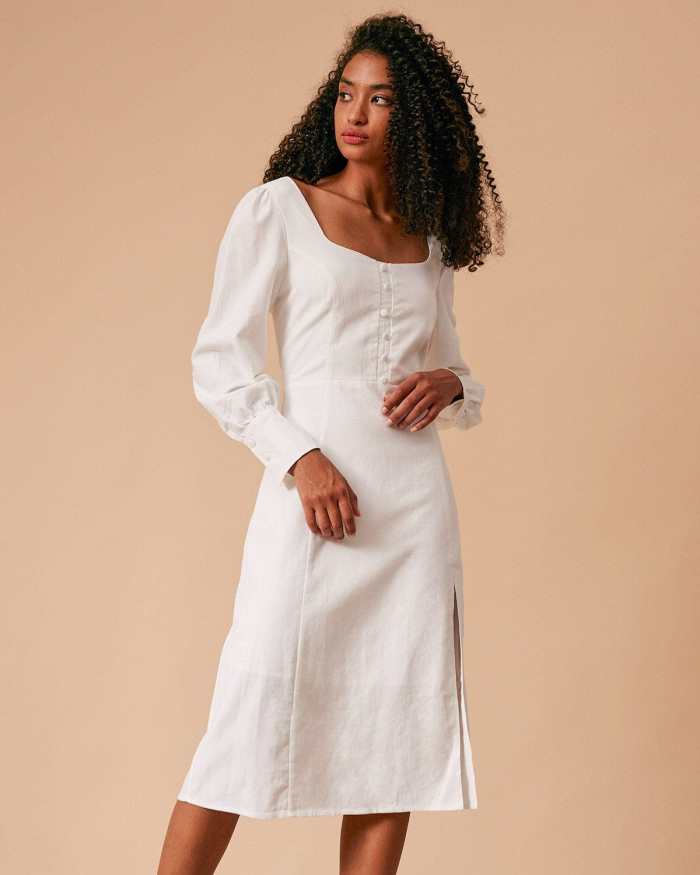 The White Solid Slit Long Sleeve Midi Dress