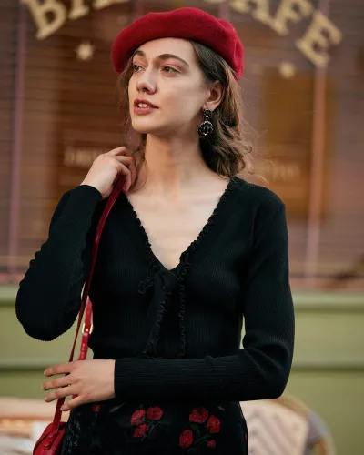 The Solid V Neck Frill Slim Fit Knit Top