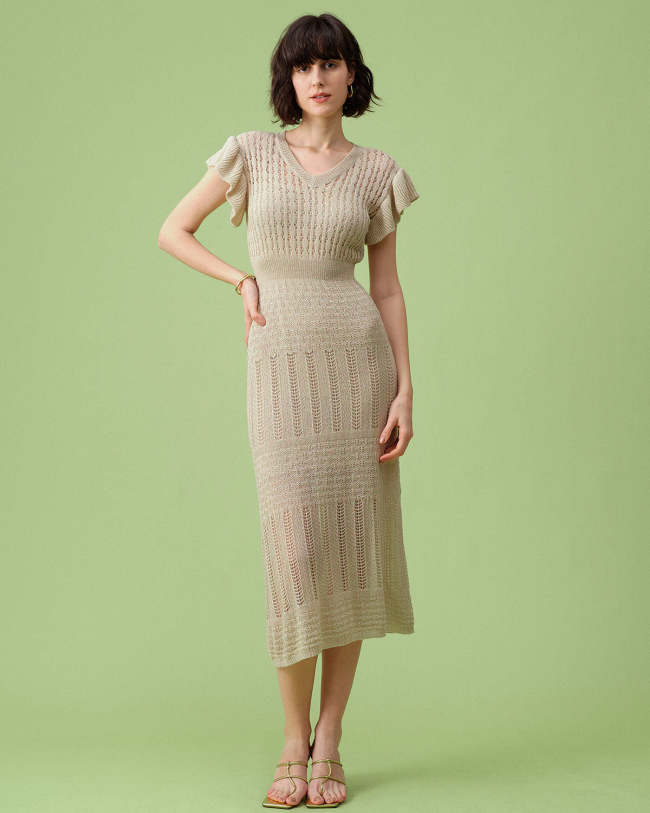 The Beige V Neck Short Sleeve Knit Midi Dress