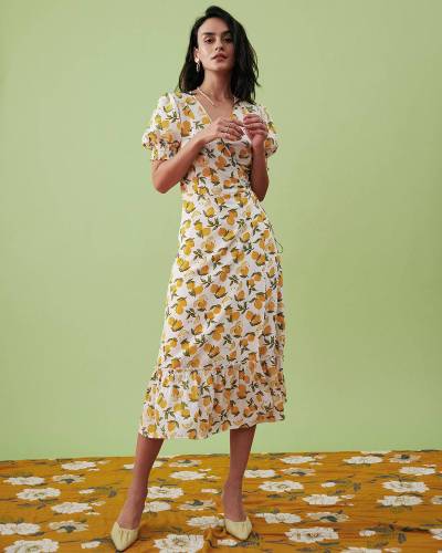 The Orange Ruffle Wrap Midi Dress