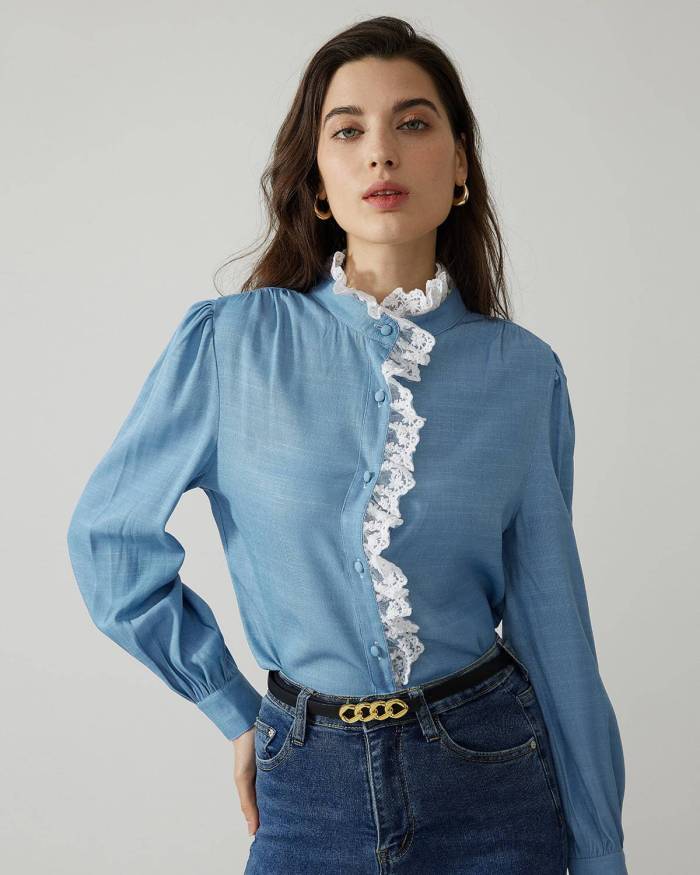 The Lace Spliced Stand Collar Shirt