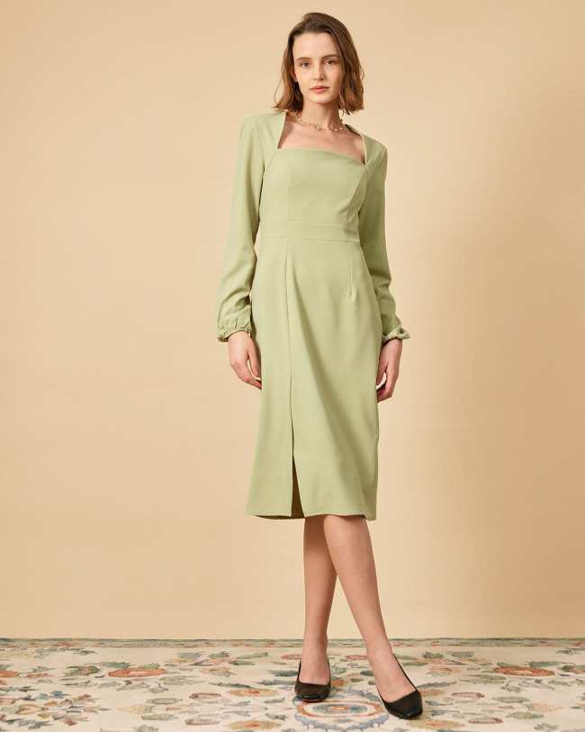 The Solid Square Neck Long Sleeve Dress