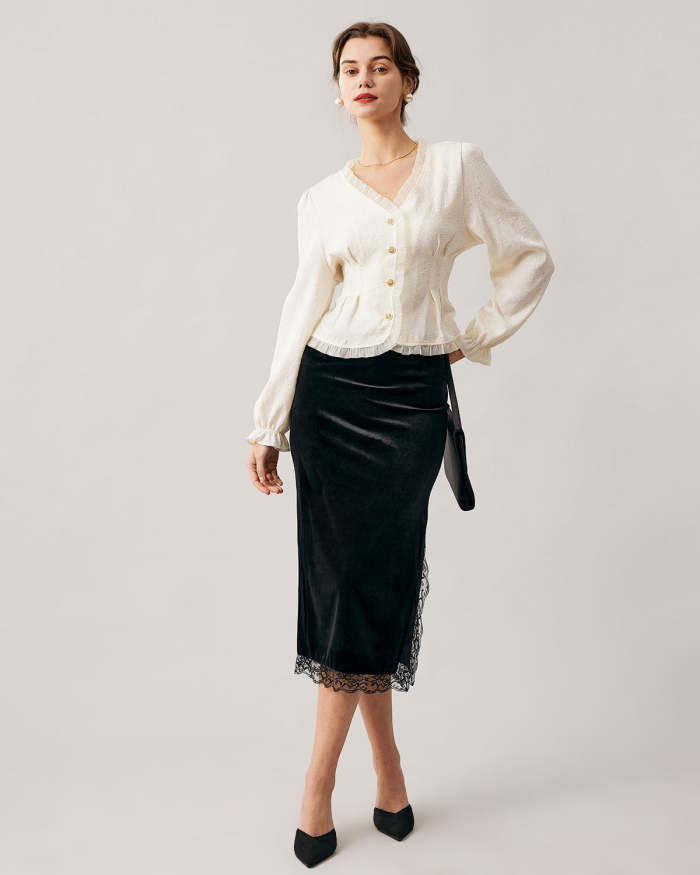 The Lace Trim Side Slit Velvet Midi Skirt