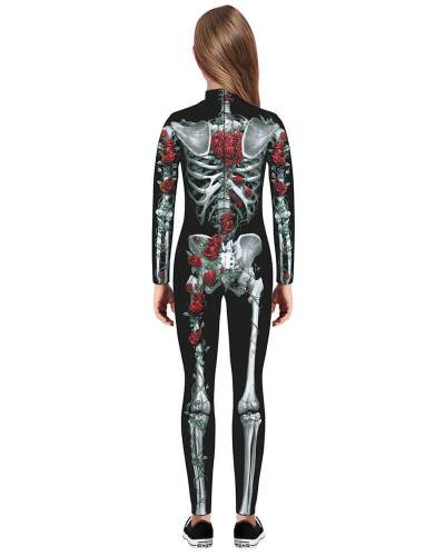 Girls Boys Rose Skeleton Catsuit Kids Halloween Party Costume