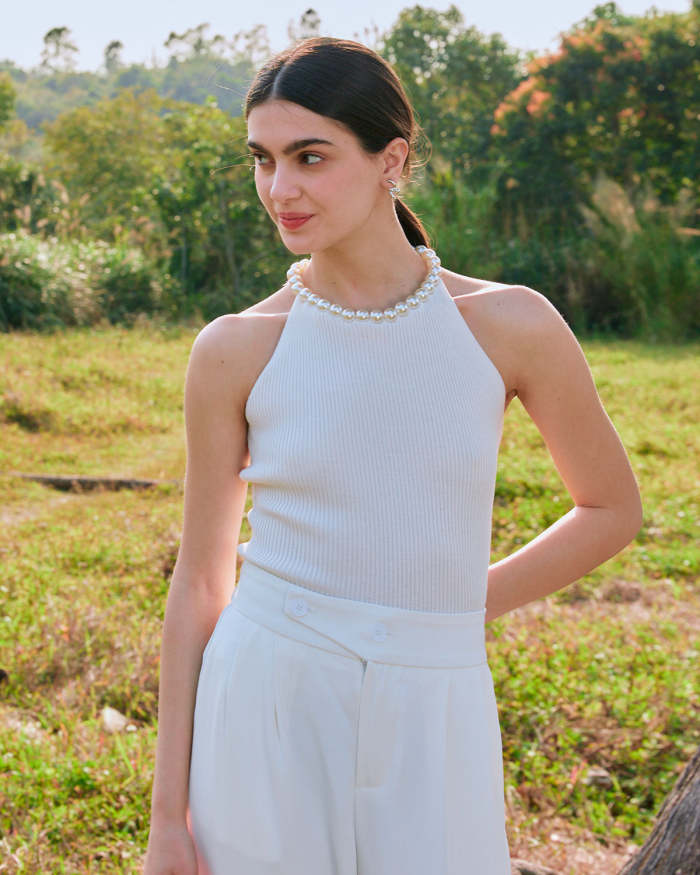 The White Pearl Collar Sleeveless Knit Tank Top