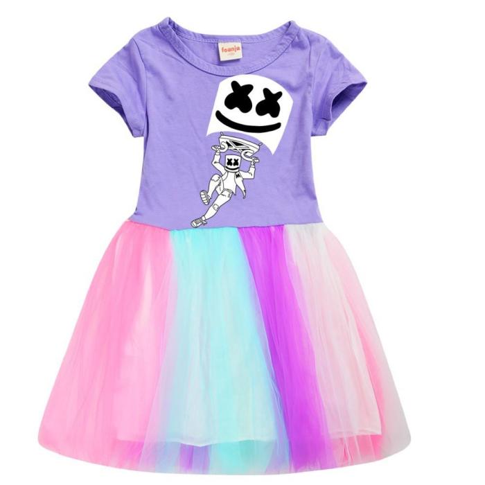 Fly Dj Marshmello 3-9 Years Girls Pink Cotton Top Rainbow Tulle Dress