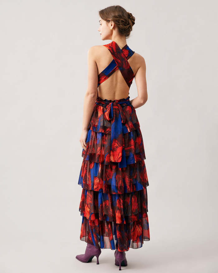 The Red Halter Backless Tiered Maxi Dress