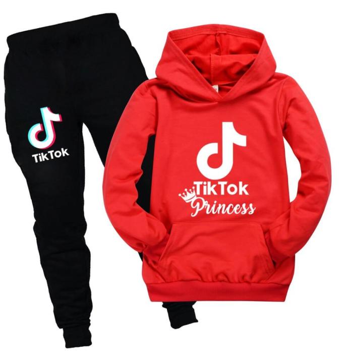 Girls Boys Tik Tok Princess Print Cotton Pocket Hoodie Joggers Outfit