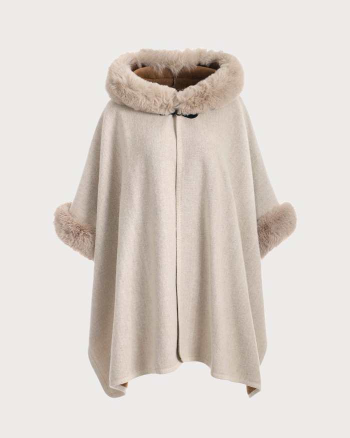 The Beige Faux Fur Hooded Cape Coat