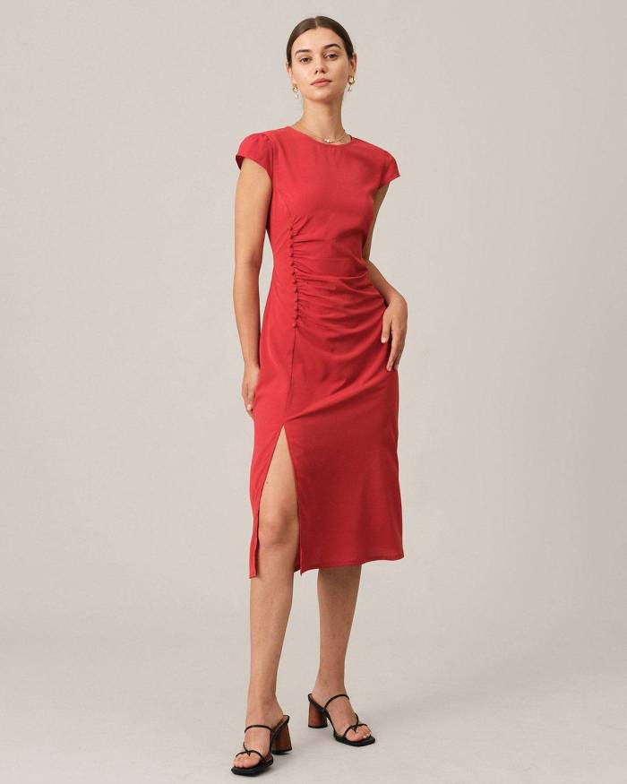 The Solid Ruched Side Split Midi Dress