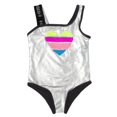 Little Girls Rainbow Sequined Heart Silver Grey One Piece Swimsuit