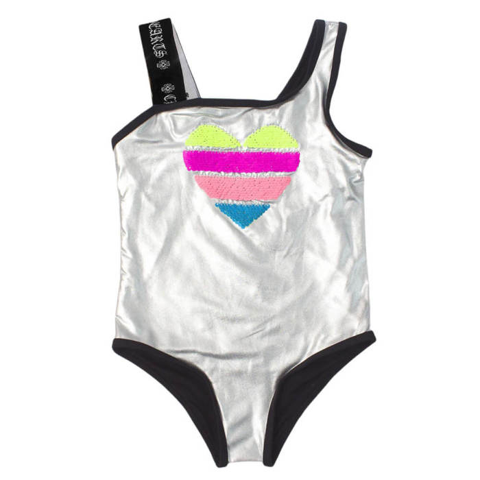 Little Girls Rainbow Sequined Heart Silver Grey One Piece Swimsuit