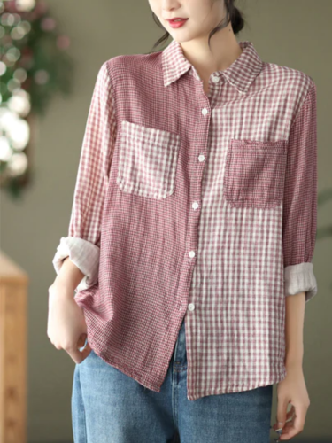 Women'S Spring Vintage Double Cotton Yarn Shirt Plaid Shirt
