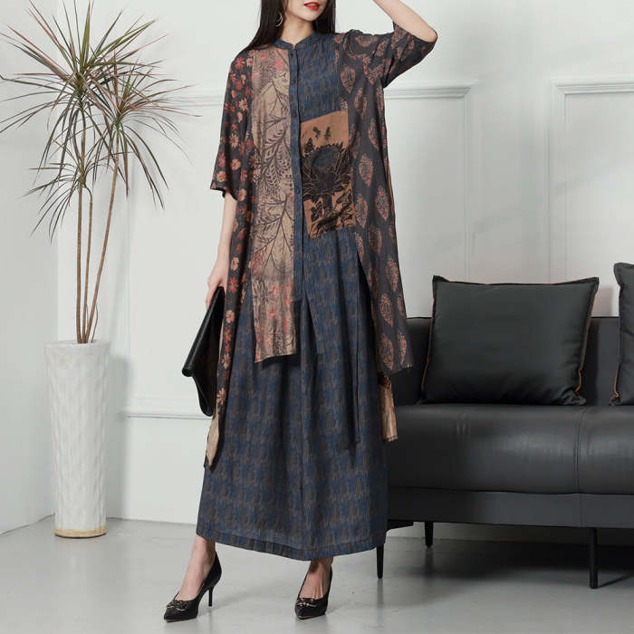 Women Vintage Plant Irregular Spliced Suit