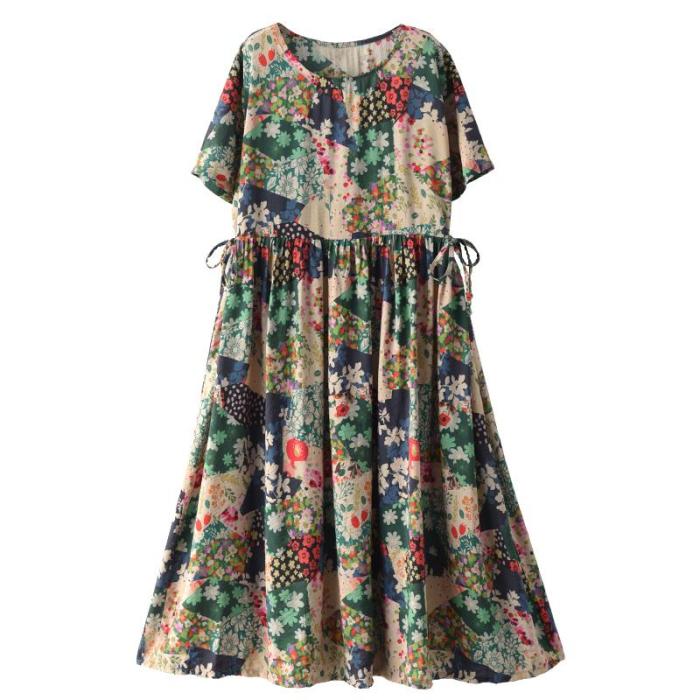 Plus Size Short Sleeve Floral Prints Loose Dress