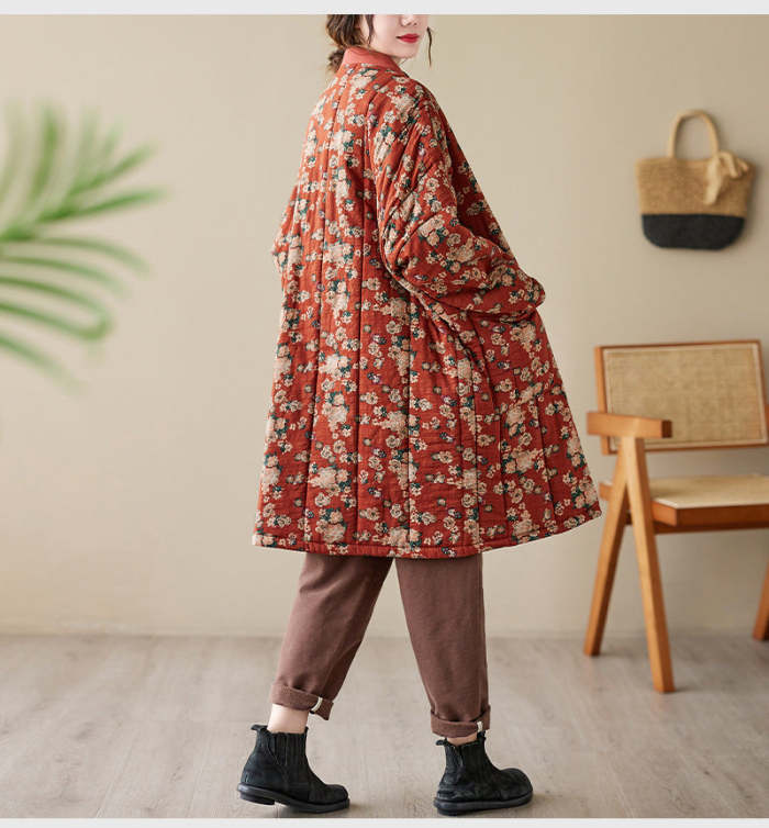 Winter Cotton Linen Printed Thick Coat