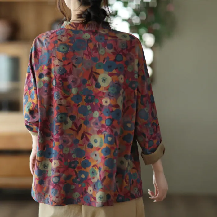 Women'S Autumn Cotton Print Stand Collar Top