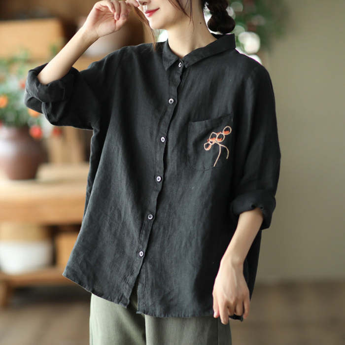 Women'S Autumn Embroidered Linen Shirt Lapel Shirt