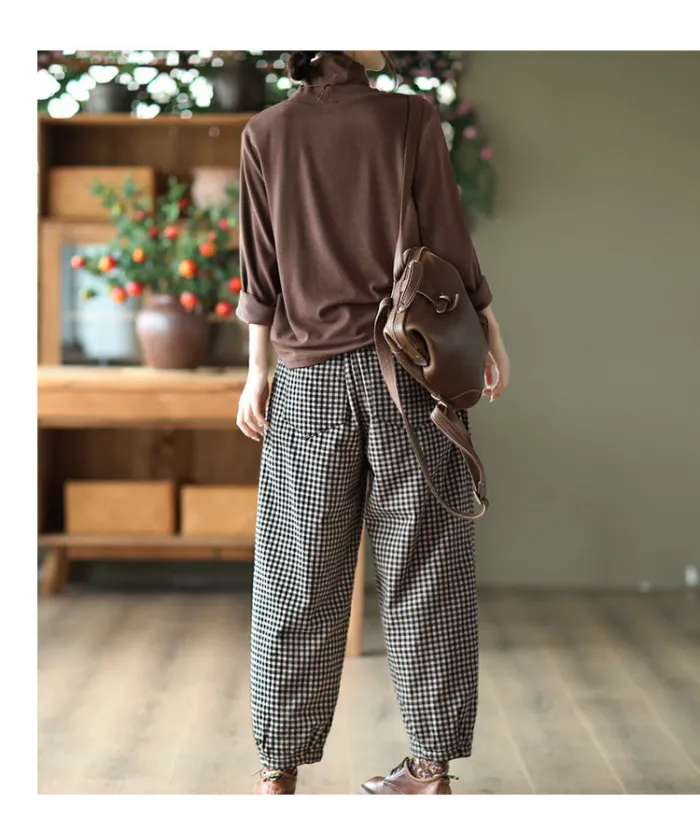 Winter Cotton Linen Retro Plaid Pants
