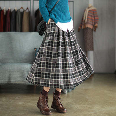 Spring Brushed Plaid Elastic Waist Skirt