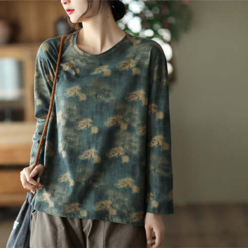 Women Autumn Vintage Print Pullover Loose T-Shirt