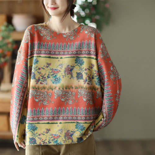 Women'S Autumn Vintage Print Crew Neck Sweater