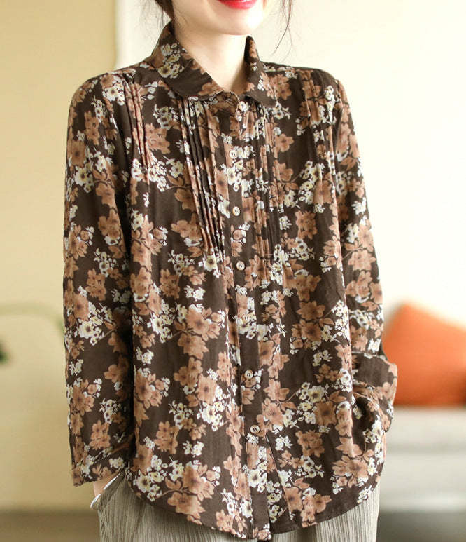 Spring Double Cotton Print Pleated Shirt