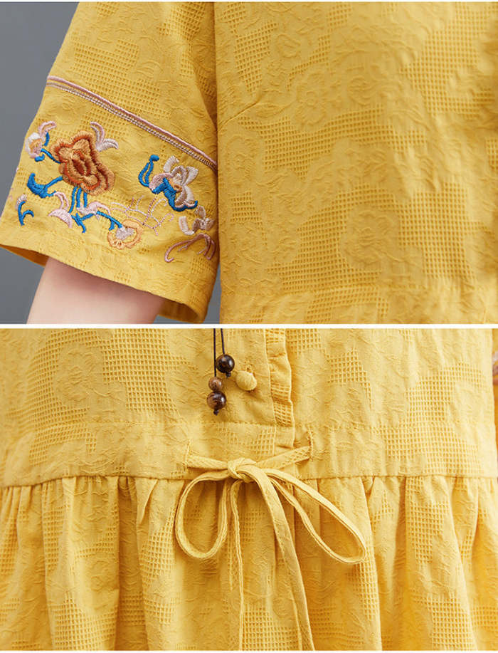 Summer Cotton Linen Embroidered V-Neck Dress
