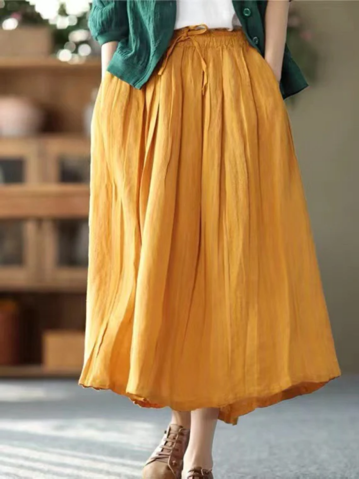 Vintage Linen Drawstring Pleated Skirt