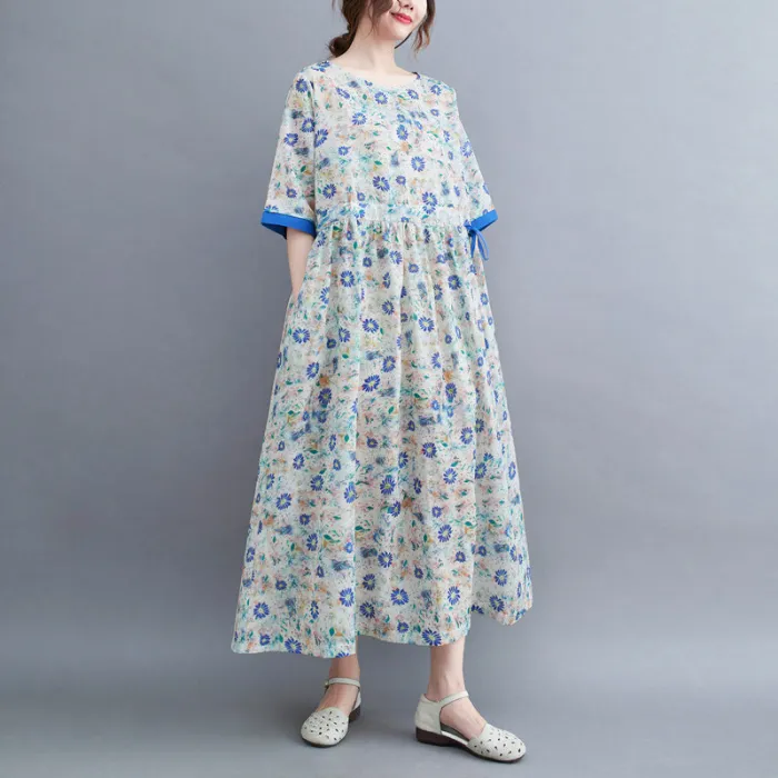 Summer Ramie Print Crew Neck Dress