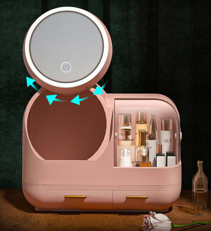Makeup Storage Organizer Box With Led Lighted Mirror