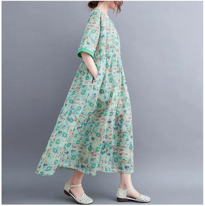Summer Ramie Print Crew Neck Dress