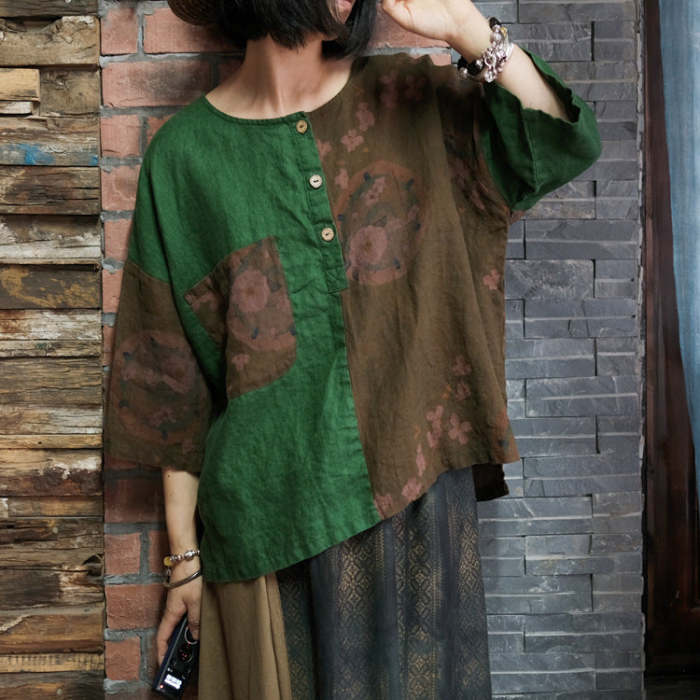 Autumn Women Print Linen Colorblock Loose Shirt