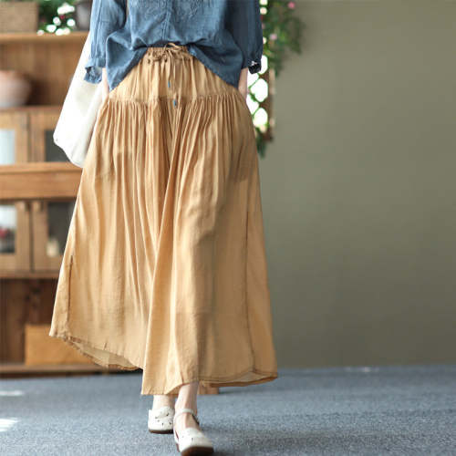 Spring Vintage Silk And Linen Elastic Waist Skirt