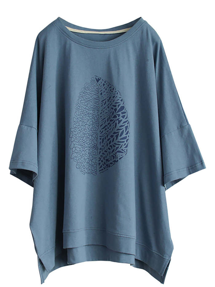 Plus Size - Leaf Printed Summer Half Sleeve Cotton T-Shirt