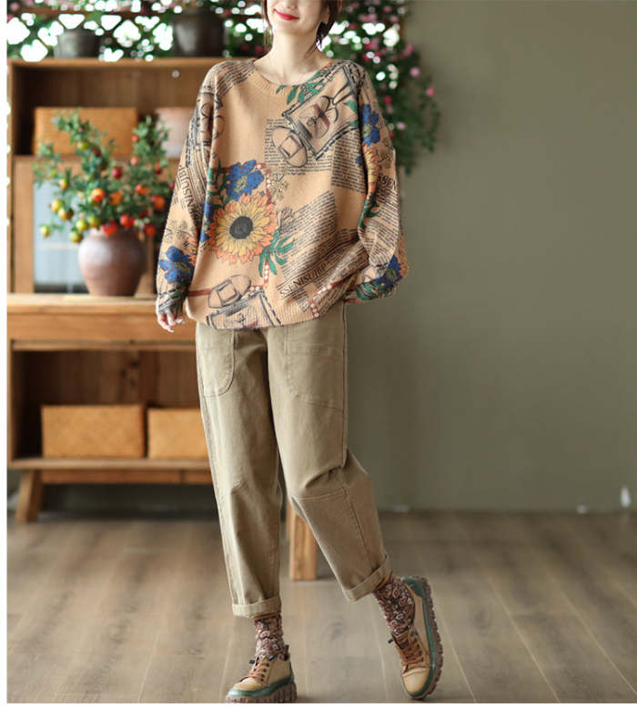 Women'S Autumn Vintage Print Crew Neck Sweater